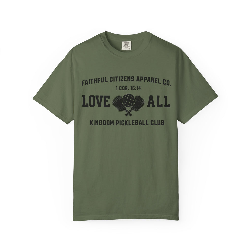 Faithful Citizens Apparel Co Women's T-shirt Love All Lettering Pickleball illustration 1 Corinthians 16:14 Sage
