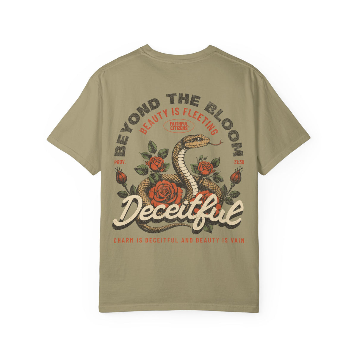 Faithful Citizens Apparel Co Men's T-shirt Beyond the Bloom snake and flower design Proverbs 31:30 Khaki