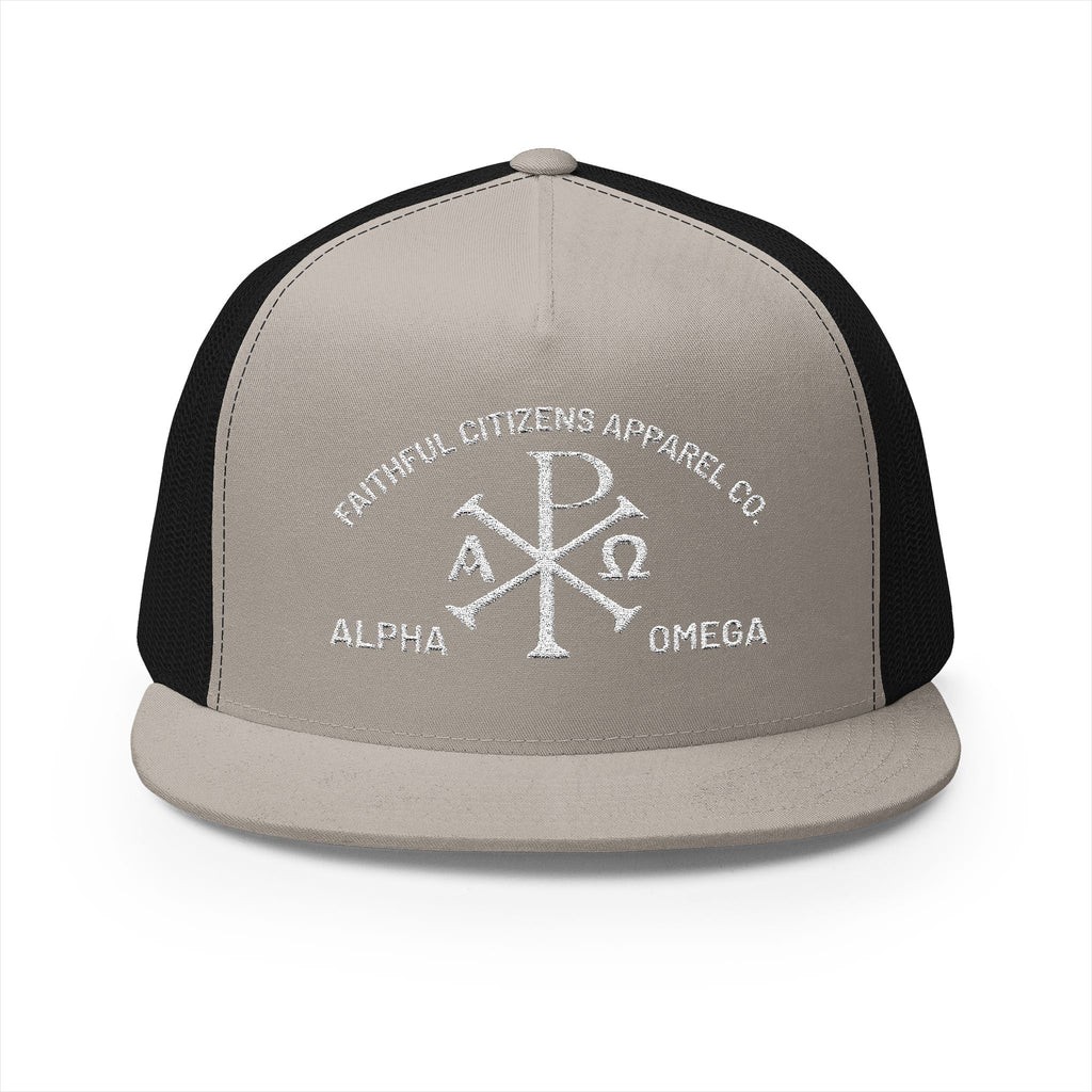Faithful Citizens Apparel Co Unisex Cotton Trucker Hat Alpha and Omega Chi Rho Symbol Revelation 22:13 Black/Silver