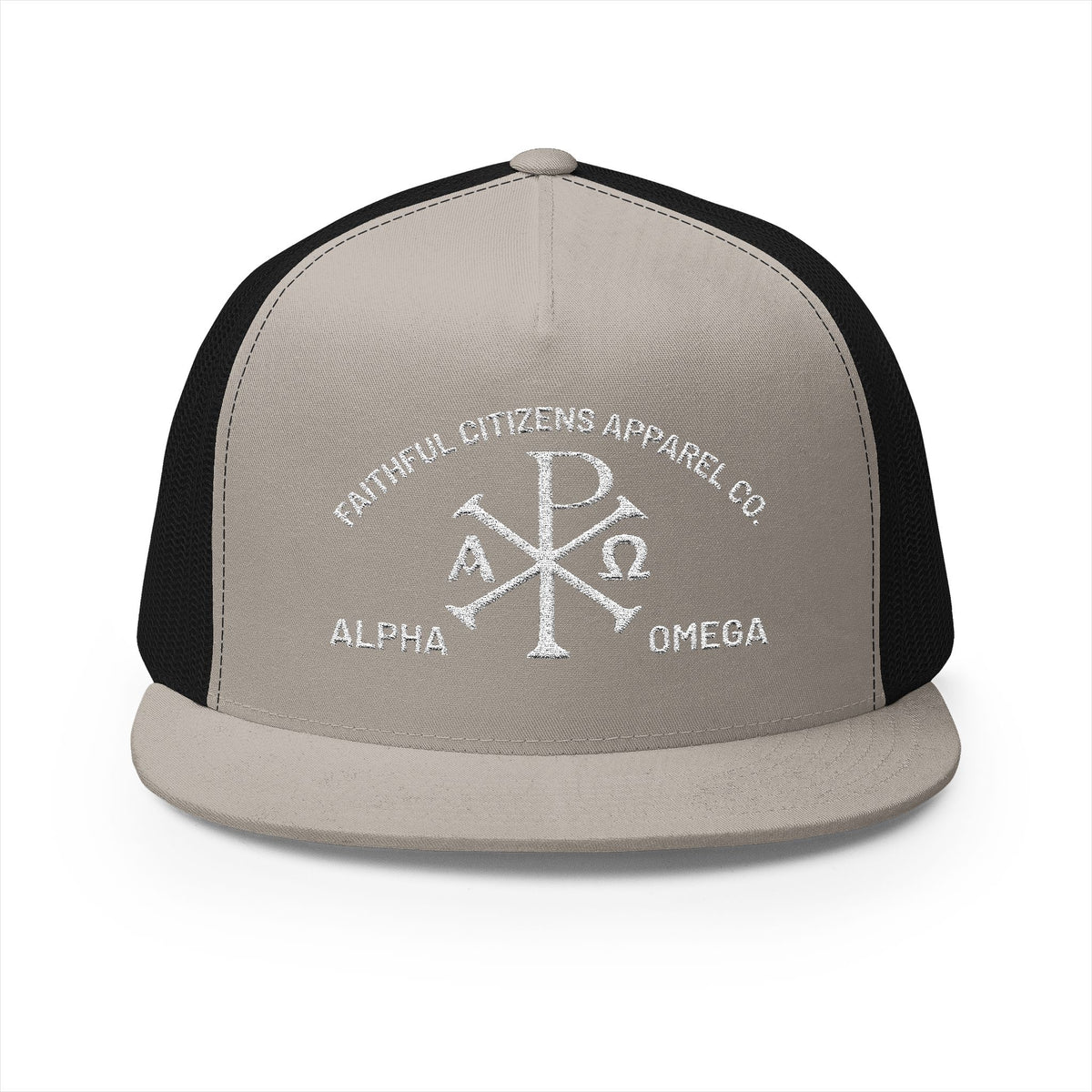 Faithful Citizens Apparel Co Unisex Cotton Trucker Hat Alpha and Omega Chi Rho Symbol Revelation 22:13 Black/Silver