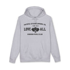 Faithful Citizens Apparel Co Woman's Hoodie with a pickleball graphic and “Love All” lettering 1 Corinthians 16:14 Grey Heather