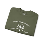 Faithful Citizens Apparel Co Men's Sweatshirt featuring an embroidered Alpha and Omega symbol Revelation 22:13 Military Green