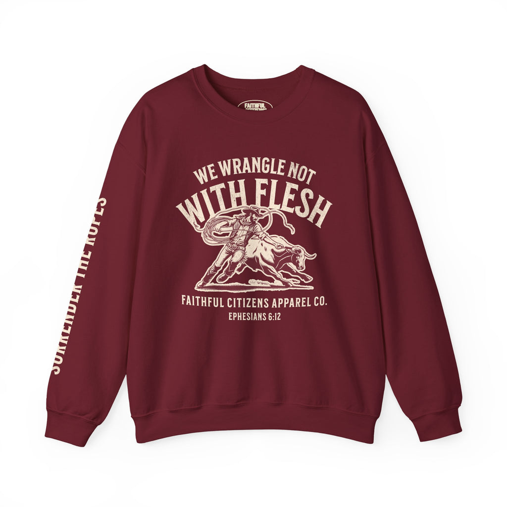 Faithful Citizens Apparel Men's Sweatshirt We wrangle not with flesh Bull illustration and sleeve text red