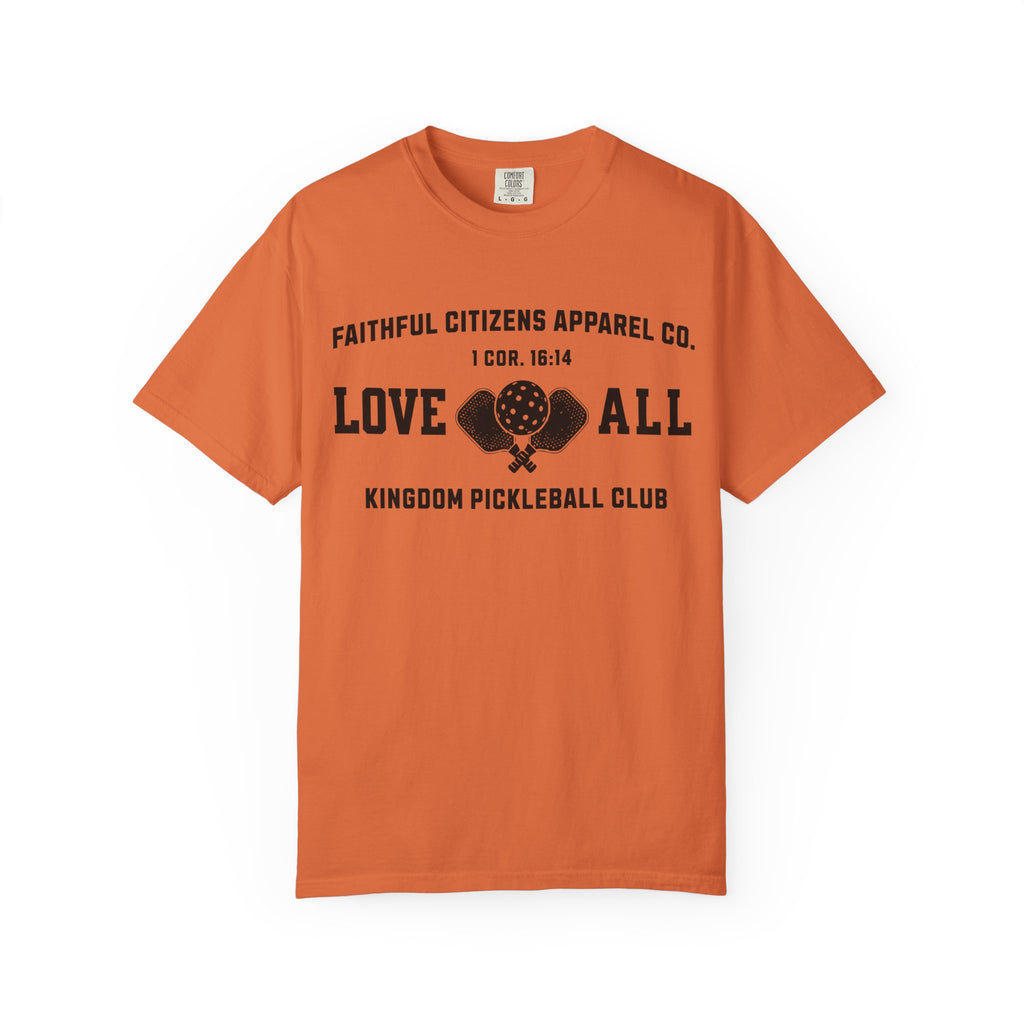 Faithful Citizens Apparel Co Women's T-shirt Love All Lettering Pickleball illustration 1 Corinthians 16:14 Burnt Orange