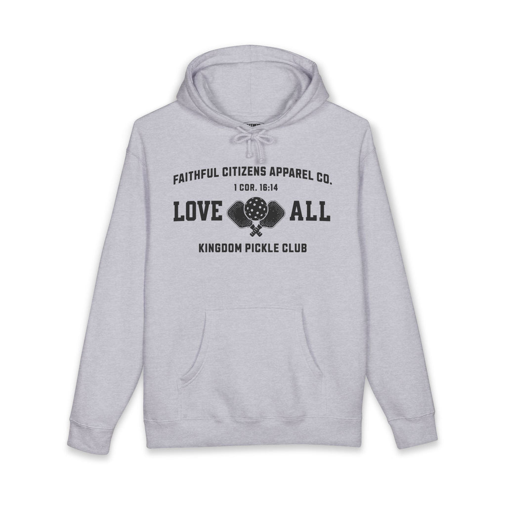 Faithful Citizens Apparel Co Men's Hoodie “Love All” lettering and Pickleball illustration 1 Corinthians 16:14 grey heather