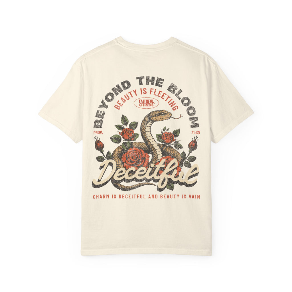 Faithful Citizens Apparel Co Men's T-shirt Beyond the Bloom snake and flower design Proverbs 31:30 Ivory