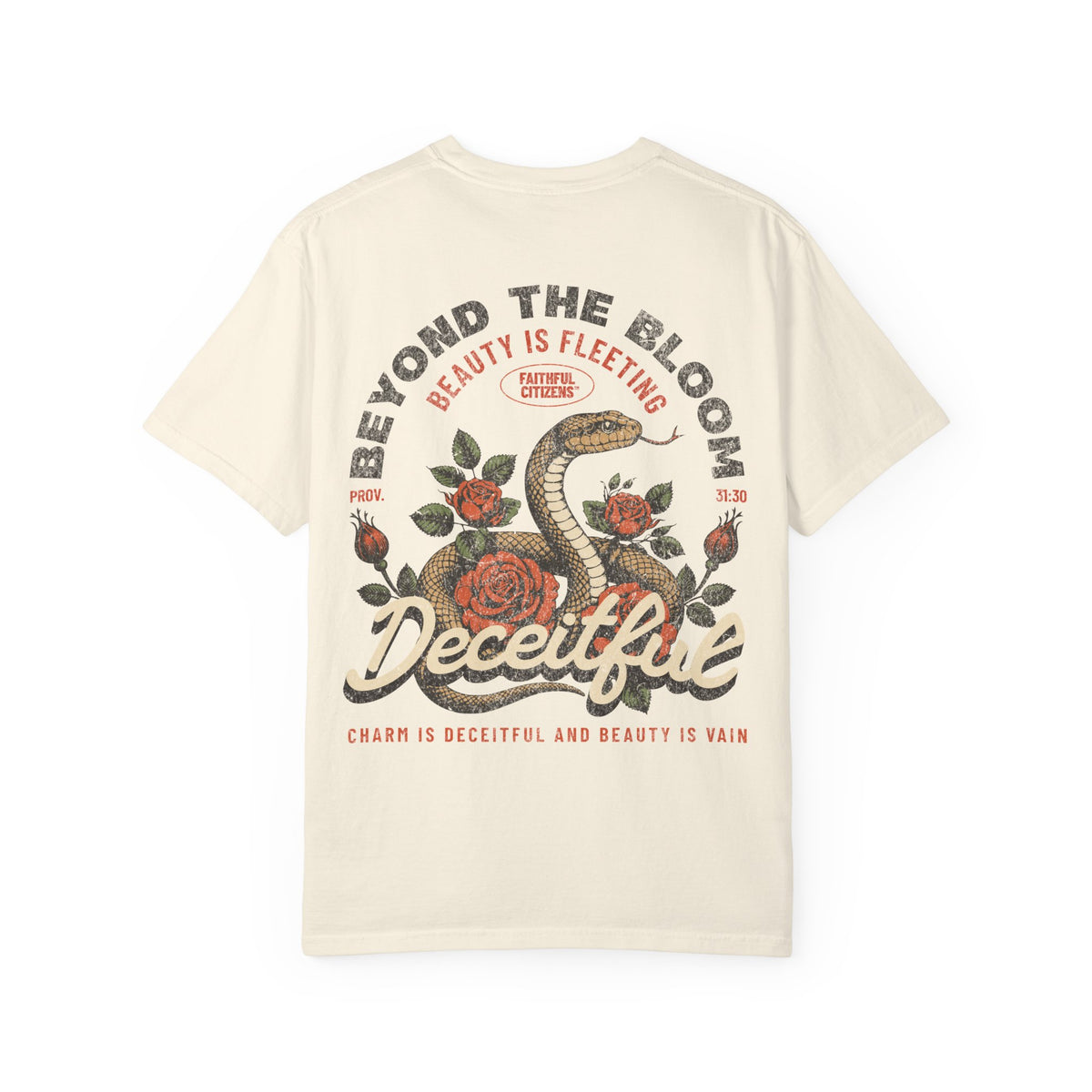 Faithful Citizens Apparel Co Men's T-shirt Beyond the Bloom snake and flower design Proverbs 31:30 Ivory