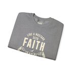 Faithful Citizens Apparel Co Women's Sweatshirt with a mountain graphic and “Faith moves mountains” lettering Matthew 17:20 Graphite Heather