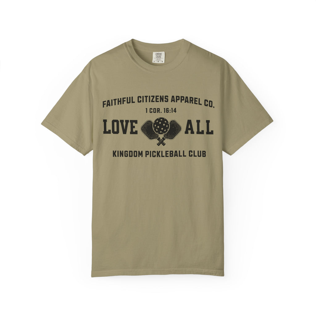 Faithful Citizens Apparel Co Women's T-shirt Love All Lettering Pickleball illustration 1 Corinthians 16:14 Khaki