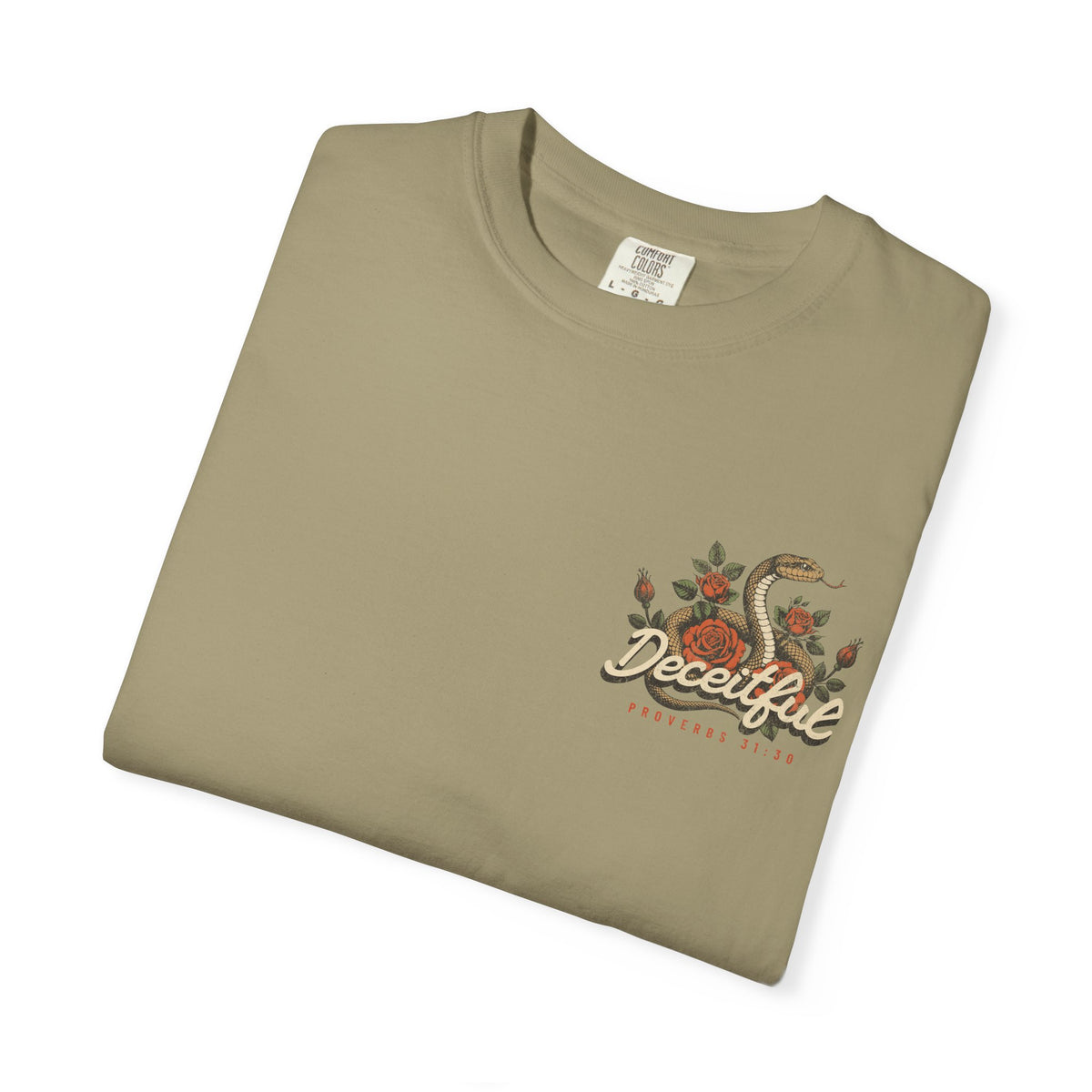 Faithful Citizens Apparel Co Men's T-shirt Beyond the Bloom snake and flower design Proverbs 31:30 Khaki