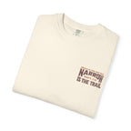 Faithful Citizens Apparel Co Men's T-shirt Narrow is the trail with a western landscape graphic and bold lettering Matthew 7:13 Ivory