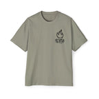Faithful Citizens Apparel Co Men's T-shirt featuring orange and white "Fire Within Spirit” lettering Jeremiah 20:9 Eucalyptus