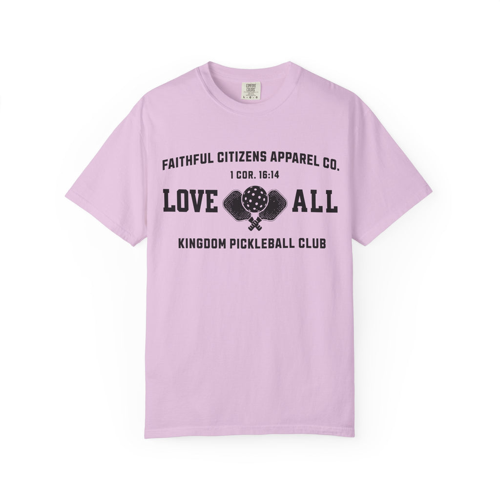 Faithful Citizens Apparel Co Women's T-shirt Love All Lettering Pickleball illustration 1 Corinthians 16:14 Orchid