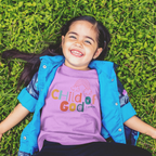 Faithful Citizens Apparel Co Unisex Kids Graphic Tee Child of God Rainbow illustration 1 John 3:1 Orchid
