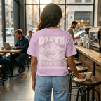 Faithful Citizens Apparel Co Women's T-shirt Faith moves mountains lettering Mountain illustration Matthew 17:20 Orchid
