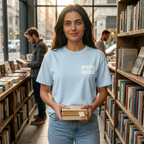 Faithful Citizens Apparel Co Women's T-shirt Faith moves mountains lettering Mountain illustration Matthew 17:20 Chambray