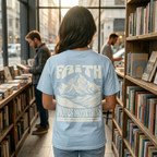 Faithful Citizens Apparel Co Women's T-shirt Faith moves mountains lettering Mountain illustration Matthew 17:20 Chambray
