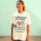 Faithful Citizens Apparel Co Women's T-shirt What matters the most Love and Jesus lettering Jesus and heart illustration John 13:34-35 Ivory