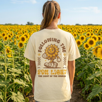 Faithful Citizens Apparel Co Women's T-shirt Following the Son Light lettering Walking Sunflower Illustration John 8:12 Ivory