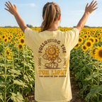 Faithful Citizens Apparel Co Women's T-shirt Following the Son Light lettering Walking Sunflower Illustration John 8:12 Banana