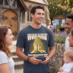 Faithful Citizens Apparel Co Men's T-shirt Worship the one true god with a praying hands graphic and gold lettering Deuteronomy 4:35 Denim