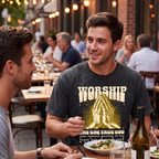 Faithful Citizens Apparel Co Men's T-shirt Worship the one true god with a praying hands graphic and gold lettering Deuteronomy 4:35 Pepper