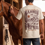 Faithful Citizens Apparel Co Men's T-shirt Narrow is the trail with a western landscape graphic and bold lettering Matthew 7:13 Ivory