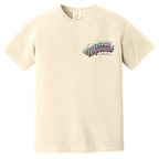 Faithful Citizens Apparel Co Men's T-shirt featuring Jesus surfing waves graphic and colorful lettering Mark 4:41 Ivory