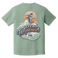 Faithful Citizens Apparel Co Men's T-shirt featuring Jesus surfing waves graphic and colorful lettering Mark 4:41 Bay