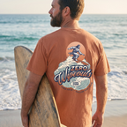 Faithful Citizens Apparel Co Men's T-shirt featuring Jesus surfing waves graphic and colorful lettering Mark 4:41 Terracotta