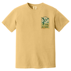 Faithful Citizens Apparel Co Men's T-shirt The king returns A flying Jesus illustration and green lettering Philippians 2:10-11 Mustard