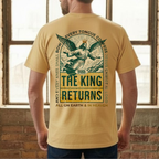 Faithful Citizens Apparel Co Men's T-shirt The king returns A flying Jesus illustration and green lettering Philippians 2:10-11 Mustard