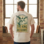 Faithful Citizens Apparel Co Men's T-shirt The king returns A flying Jesus illustration and green lettering Philippians 2:10-11 Ivory
