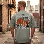 Faithful Citizens Apparel Co Men's T-shirt featuring orange and white "Fire Within Spirit” lettering Jeremiah 20:9 Eucalyptus