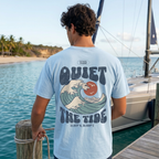 Faithful Citizens Apparel Co Men's T-shirt featuring an ocean graphic and “Quiet the Tide” lettering Matthew 14:32 Chambray