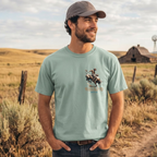 Faithful Citizens Apparel Co Men's T-shirt Endure, with biblical illustration and teal lettering James 1:12 Bay