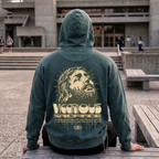 Faithful Citizens Apparel Co Men's Hoodie with a Jesus portrait and “Vicarious Sacrifice” lettering John 3:16 Blue Spruce
