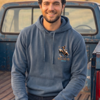Faithful Citizens Apparel Co Men's Hoodie featuring a western inspired illustration and “Endure All Trials” lettering James 1:12 Denim