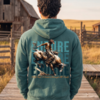 Faithful Citizens Apparel Co Men's Hoodie featuring a western inspired illustration and “Endure All Trials” lettering James 1:12 Blue Spruce