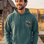 Faithful Citizens Apparel Co Men's Hoodie featuring a western inspired illustration and “Endure All Trials” lettering James 1:12 Blue Spruce