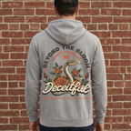 Faithful Citizens Apparel Co Men's Hoodie Beyond the bloom featuring a snake and floral illustration and “Deceitful” lettering Proverbs 31:30 Grey