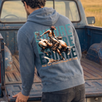 Faithful Citizens Apparel Co Men's Hoodie featuring a western inspired illustration and “Endure All Trials” lettering James 1:12 Denim