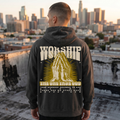 Faithful Citizens Apparel Co Men's Hoodie Worship the one true god lettering Praying hands illustration Deuteronomy 4:35 Pepper