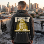 Faithful Citizens Apparel Co Men's Hoodie Worship the one true god lettering Praying hands illustration Deuteronomy 4:35 Pepper