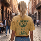 Faithful Citizens Apparel Co Women's T-shirt Jesus is my Flex Cross inspired illustration Jeremiah 9:24 Mustard