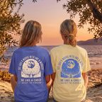 Faithful Citizens Apparel Women Co T-shirt Childlike Wonder Inherit the kingdom Planet illustration Luke 18:17 Banana/Periwinkle