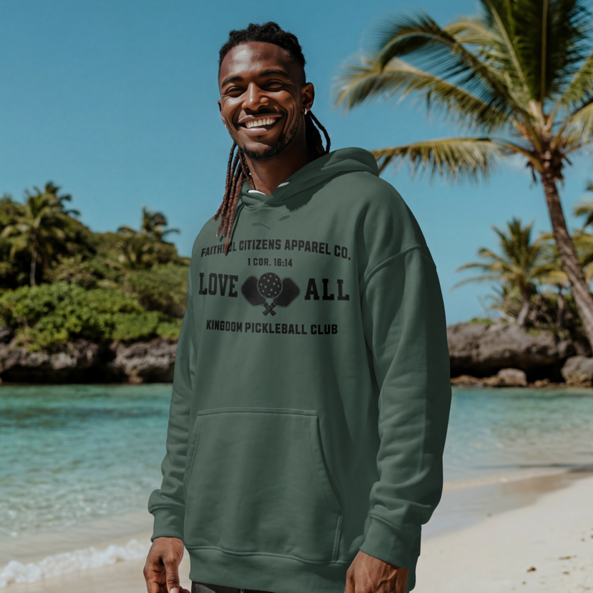 Faithful Citizens Apparel Co Men's Hoodie “Love All” lettering and Pickleball illustration 1 Corinthians 16:14 Alpine green