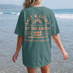 Faithful Citizens Apparel Co Women's T-shirt Salt and Light lettering Sun and wave Illustration Matthew 5:13-16 Blue Spruce