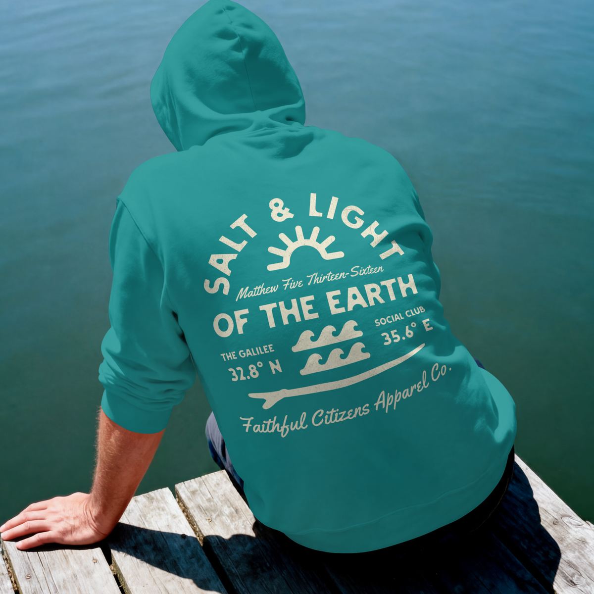 Faithful Citizens Apparel Co Men's Hoodie Salt and Light of the earth Wave illustration Matthew 5:13-16 Seafoam