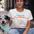 Faithful Citizens Apparel Co Women's T-shirt A heavenly companion Human and Dog shirt Dog with wings illustration James 1:17 white